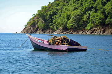 Fototapeta na wymiar A rustic pink and black fishing boat piled with a seine net with faded orange floats and yellow rope, and a long wooden ore at anchor in a Tobago harbor lined with rugged rocks and lush green plants.