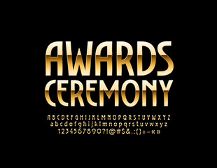 Vector Golden logo Awards Ceremony. Chic glossy Font. Reflective Alphabet Letters, Numbers and Symbols.
