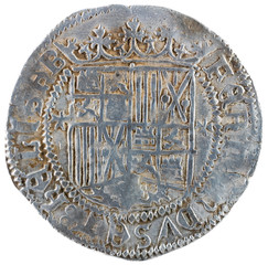 Ancient Spanish silver coin of the Kings Fernando e Isabel. Catholic kings. Coined in Granada. Real. Obverse.