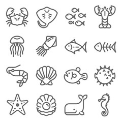 Sea Life Vector Line Icon Set. Contains such Icons as Octopus, Seahorse, Puffer Fish, Pearl and more. Expanded Stroke