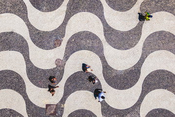 Rio de Janeiro, Brazil, Top View of People Walking on the Iconic Copacabana Beach Sidewalk