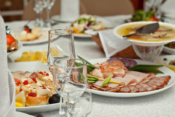 delicious dishes on the table in the restaurant. serving table.