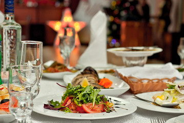 delicious dishes on the table in the restaurant. serving table.