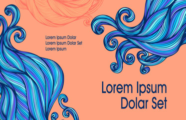 Visit card or template flyer banner with Abstract blue hairs waves on coral colors