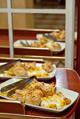 delicious dishes on the table in the restaurant. serving table.