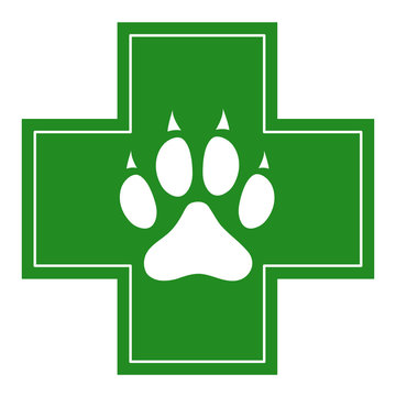 Dog paw on green cross veterinary clinic pharmacy symbol.