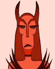 Fantasy portrait of red devil woman. Serious and wicked character. Poster, banner, art for children book