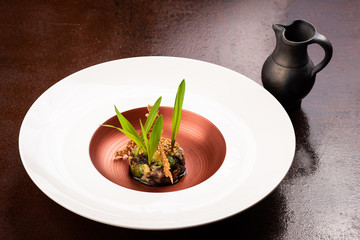 Vegan Fine dining appetizer in a gourmet restaurant, vegetable and beans with sauce