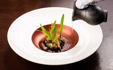 Vegan Fine dining appetizer in a gourmet restaurant, vegetable and beans with sauce