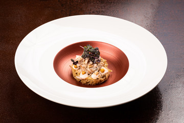 Crab meat, fermented tomato and pine emulsion, fried chickpeas on young cabbage