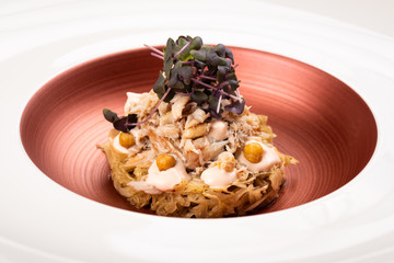 Crab meat, fermented tomato and pine emulsion, fried chickpeas on young cabbage