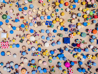 Top View of Copacabana Beach Showing Colourful Umbrellas and People Relaxing on a Summer Day,...