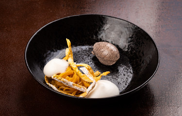 Fine dining dessert, Pope seed noodles