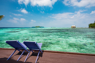 Tropical island view Solomon island with beach chairs