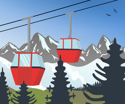 a winterlandscape with red ski gondolas