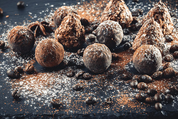 chocolate truffles on slate tray