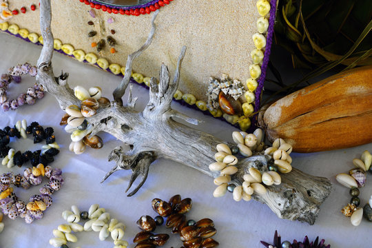 Traditional craft jewelry made with colorful shells from the Tuamoto and Gambier islands in French Polynesia