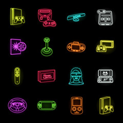 Game console and virtual reality neon icons in set collection for design.Game Gadgets vector symbol stock web illustration.