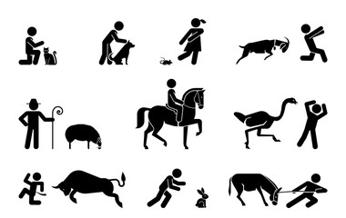 Set of pictograms representing relationship between domestic animals and their owner. Collection of icons representing various types of animals.