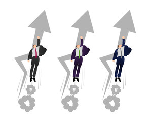 Vector flat businessman in a superman pose blast off. Man flies to profit. Hurry up concept. Flying superhero manager. Concept of buisness profit, earnings, power, income and etc.