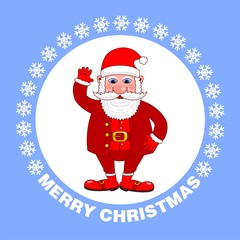 Merry Christmas poster with Santa Claus on a blue background. Holiday greeting card. Vector illustration