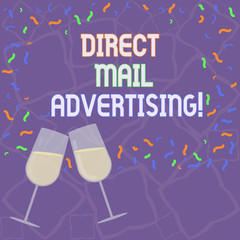 Handwriting text Direct Mail Advertising. Concept meaning deliver marketing material to client of postal mail Filled Wine Glass Toasting for Celebration with Scattered Confetti photo