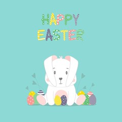 Happy Easter vector print. Easter vector illustration with cute bunny and colorful eggs.