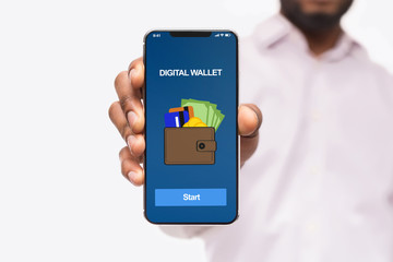 Man holding smartphone with digital wallet application