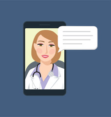 Smartphone with female doctor on call talking to patient. Online medical consultation concept, Modern medicine and healthcare system support. Vector illustration