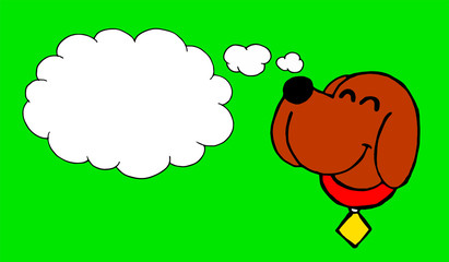 Funny and cute illustration of a brown puppy with his collar smiling thinking about something with green background