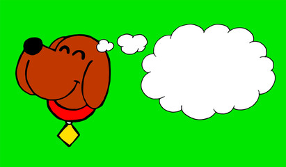 Funny and cute illustration of a brown puppy with his collar smiling thinking about something with green background