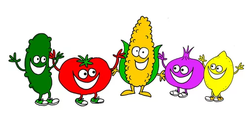 Fotobehang Funny illustration of various vegetables and some fruit with faces and arms outstretched © lucamendieta