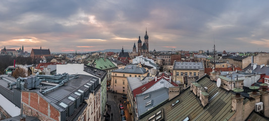 Panorama view of Krakow city at sunset