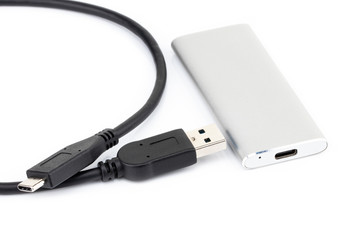External hard disk isolated on white background. USB 3.1, Type C