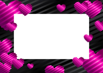 frame, border with pink, purple hearts on black background with stripes. Vector illustration for photos, announcements, greetings, invitations,posters, gift certificates, banners