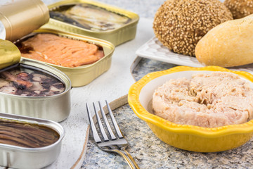 Varieties of canned fish.