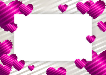 frame, border with pink, purple hearts on a white background with stripes. Vector illustration for photos, announcements, greetings, invitations,posters, gift certificates, banners