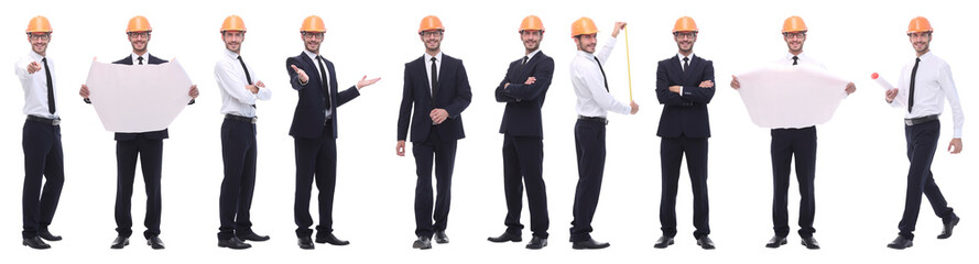 panoramic photo collage of confident architect isolated on white
