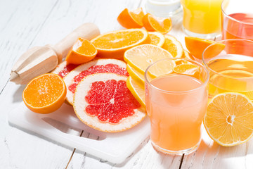 assortment of fresh citrus on a white board, closeup