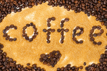 background of coffee beans and brown sugar, closeup