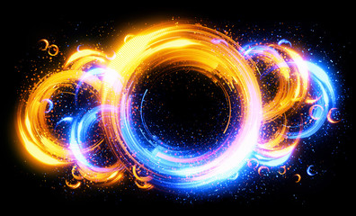 Glow neon balls. Colorful Space tunnel. Glint sphere. Vivid  rings. Circle frame of title place. Bright background for text.Glare abstract composition. Beautiful design of magic bubbles. 3D rendering