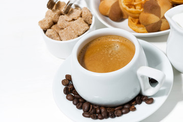 cup of coffee with sweets for dessert, closeup