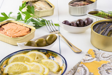 Varieties of canned fish.