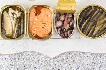 Varieties of canned fish.