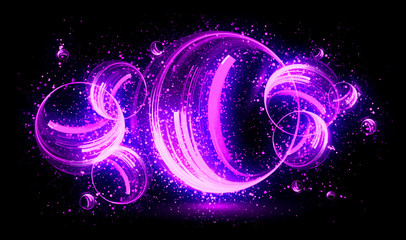 Glow neon balls. Violet Space tunnel. Glint sphere. Vivid  rings. Circle frame of title place. Bright background for text.
Glare abstract composition. Beautiful design of magic bubbles. 3D rendering