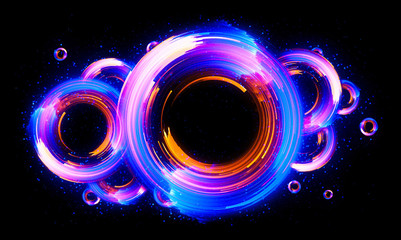 Glow neon balls. Violet Space tunnel. Glint sphere. Vivid  rings. Circle frame of title place. Bright background for text.
Glare abstract composition. Beautiful design of magic bubbles. 3D rendering