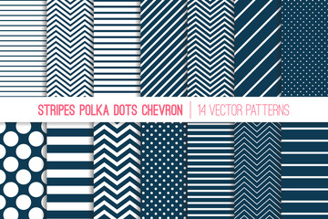 Navy Blue and White Chevron, Polka Dots and Diagonal and Horizontal Stripes Vector Patterns. Modern Minimal Neutral Backgrounds. Various Size Spots and Lines. Tile Swatches Included. - 244773786