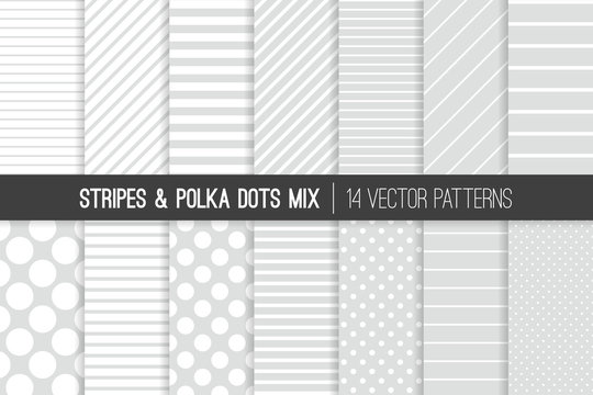 Subtle Light Gray and White Polka Dots and Diagonal and Horizontal Stripes Vector Patterns. Modern Minimal Neutral Backgrounds. Various Size Spots and Lines. Tile Swatches Included.