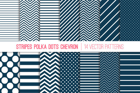 Navy Blue and White Chevron, Polka Dots and Diagonal and Horizontal Stripes Vector Patterns. Modern Minimal Neutral Backgrounds. Various Size Spots and Lines. Tile Swatches Included.