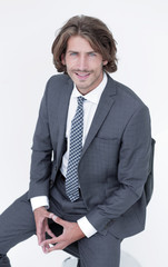 Isolated business man happy looking camera